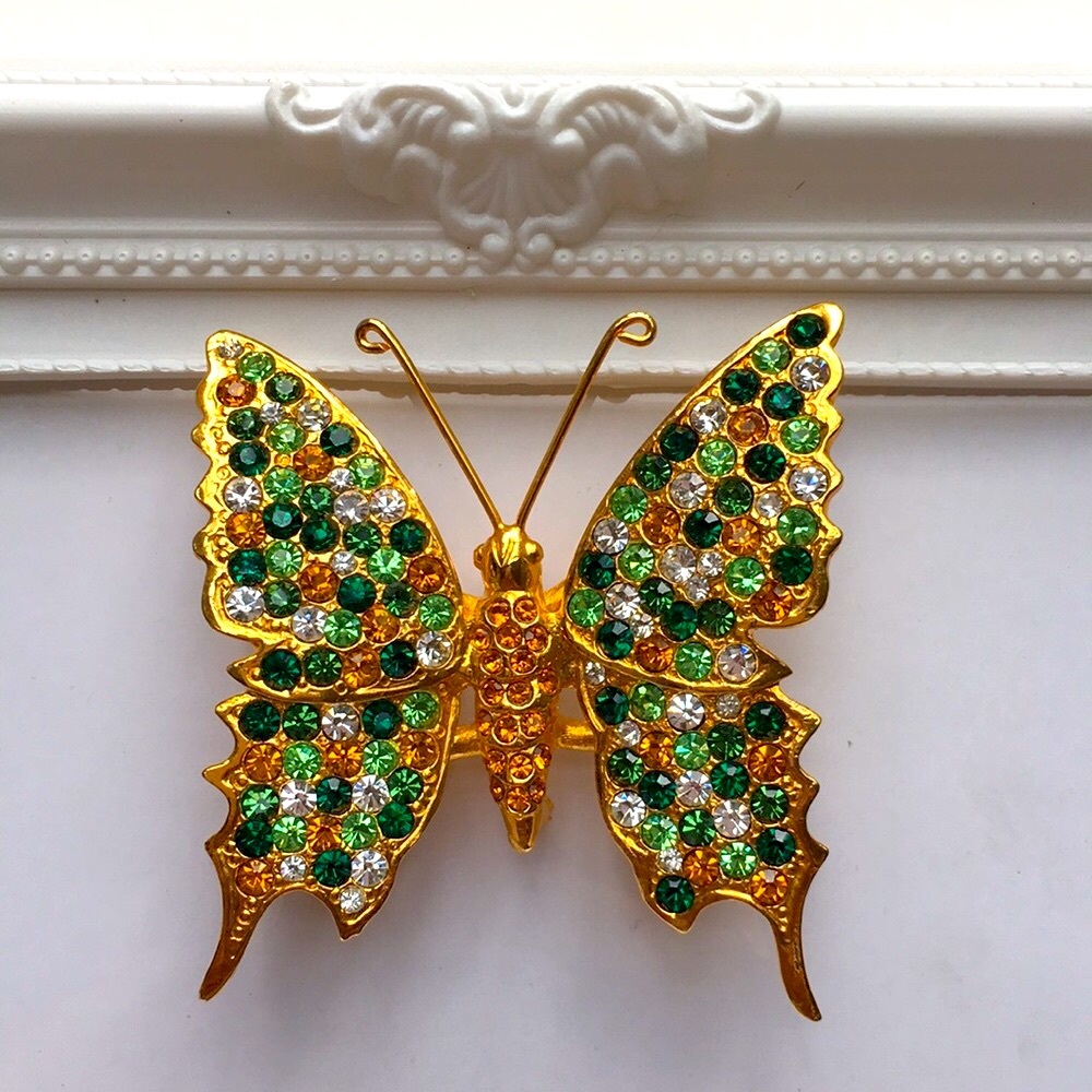 New Big Beautiful Gold & Green Rhinestone Butterfly. Ready to fly away to you!